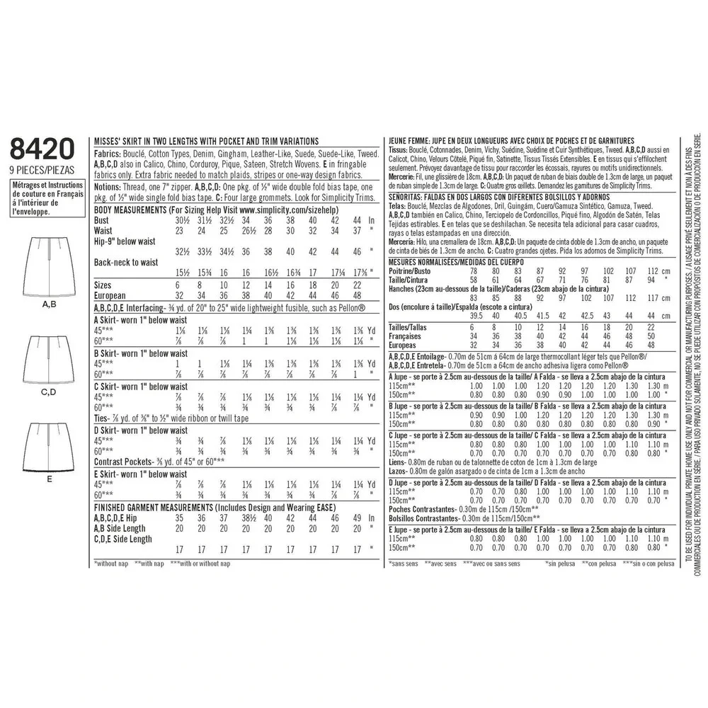 Simplicity Sewing Pattern D0718 / 8420‎ Skirt Pockets Mini Short Miss Size 14-22